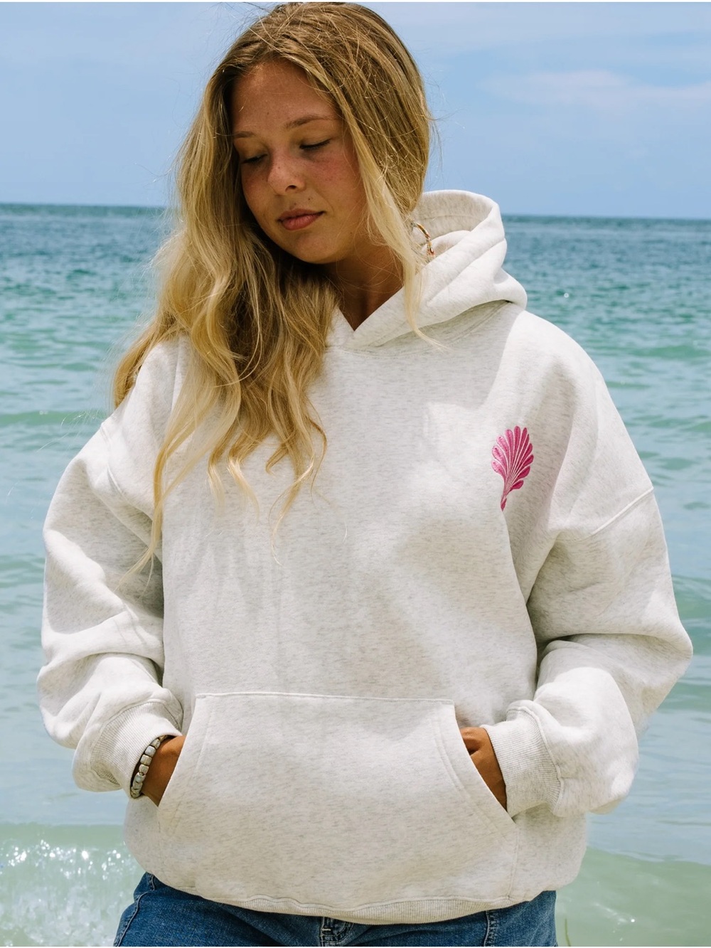 Sunny Surf Hoodie with Pink Shell Emblem